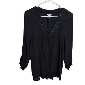 Cato Blouse Women's XL Black V-Neck 3/4 Sleeve Beaded Sheer Casual Top Shirt